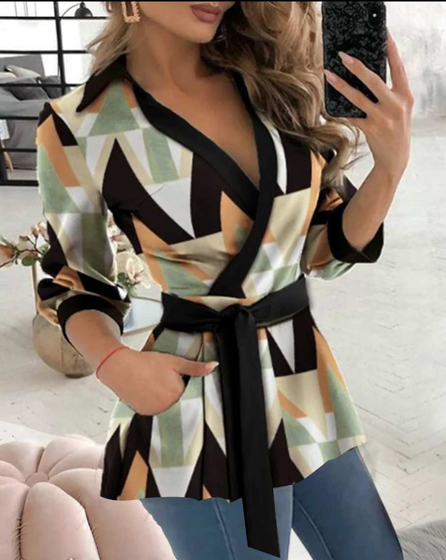 Spring Autumn Printed Work Shirt Tops Women Casual V Neck Long Sleeve Party Club Business Blouse Top with Belt