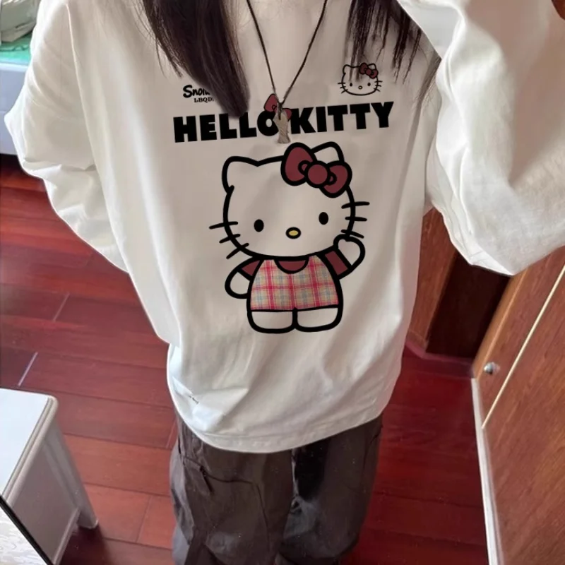 سانريو مرحبا كيتي المرأة تي شيرت Kawaii الكرتون طالب الخريف طويلة الأكمام فضفاضة ملابس علوية من القطن موضة ملابس امرأة جديد #3