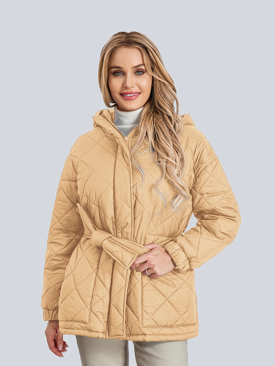 wsevypo Winter Warm Belted Puffer Jackets Women\'s Long Sleeve Zip Up Quilted Coats Casual Solid Color Down Hooded Outwear