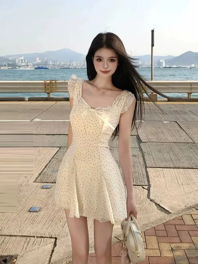 

Pure Desire Spicy Girl Strap Dress Women's Design High-End Small Crowd Waist Cinch Polka Dot Tie Short Skirt Summer