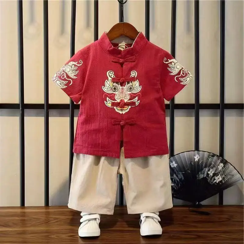 

2025 New Summer Chinese Cotton and Hemp Red Dragon Embroidery Tang Costume Men's and Women's Fashion Baby New Year Costume Hanfu