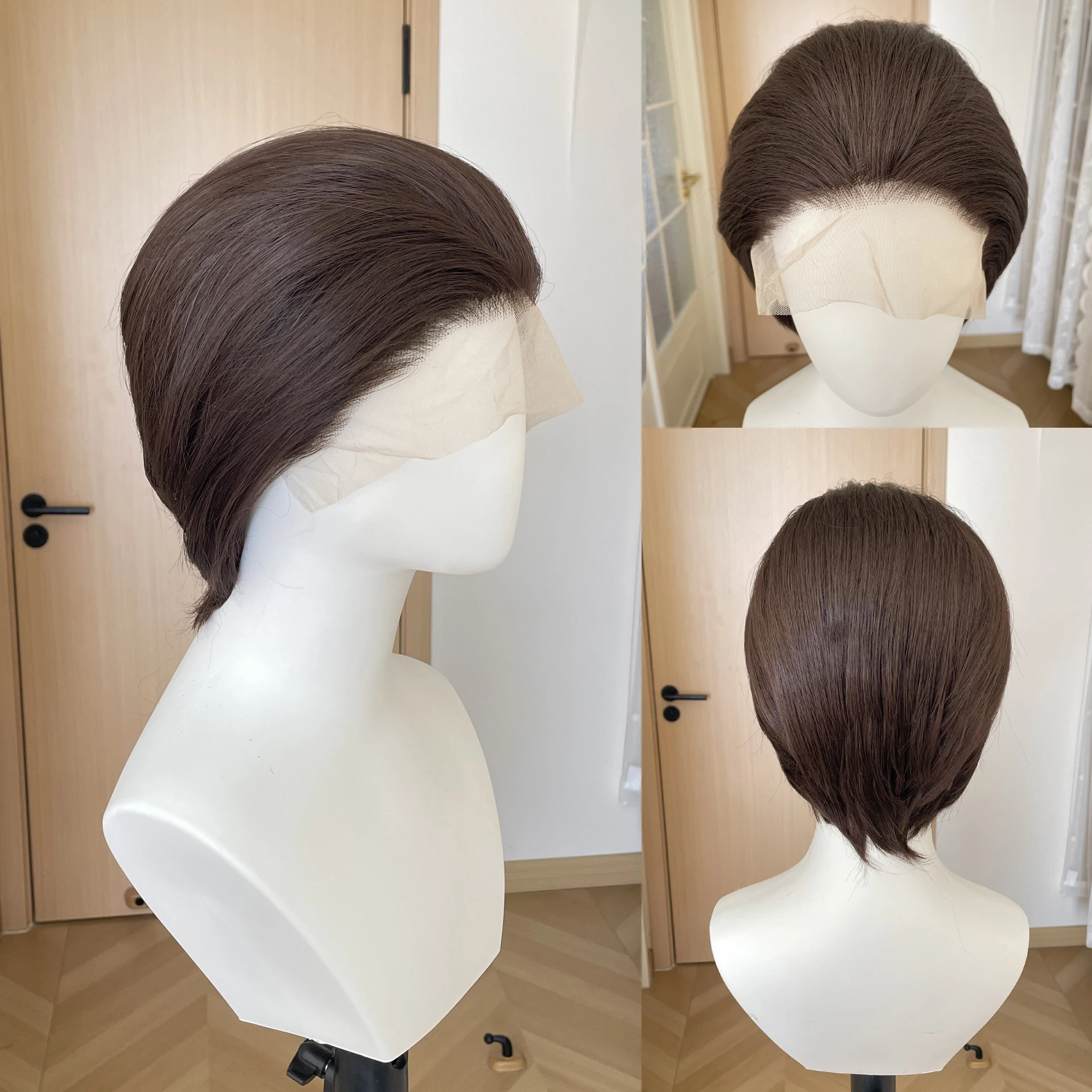 

Medium Brown Short Bob Cut Synthetic Wigs for Older Women Cosplay Wigs for Men Glueless 13x4 Lace Front Wigs Natural Hairline