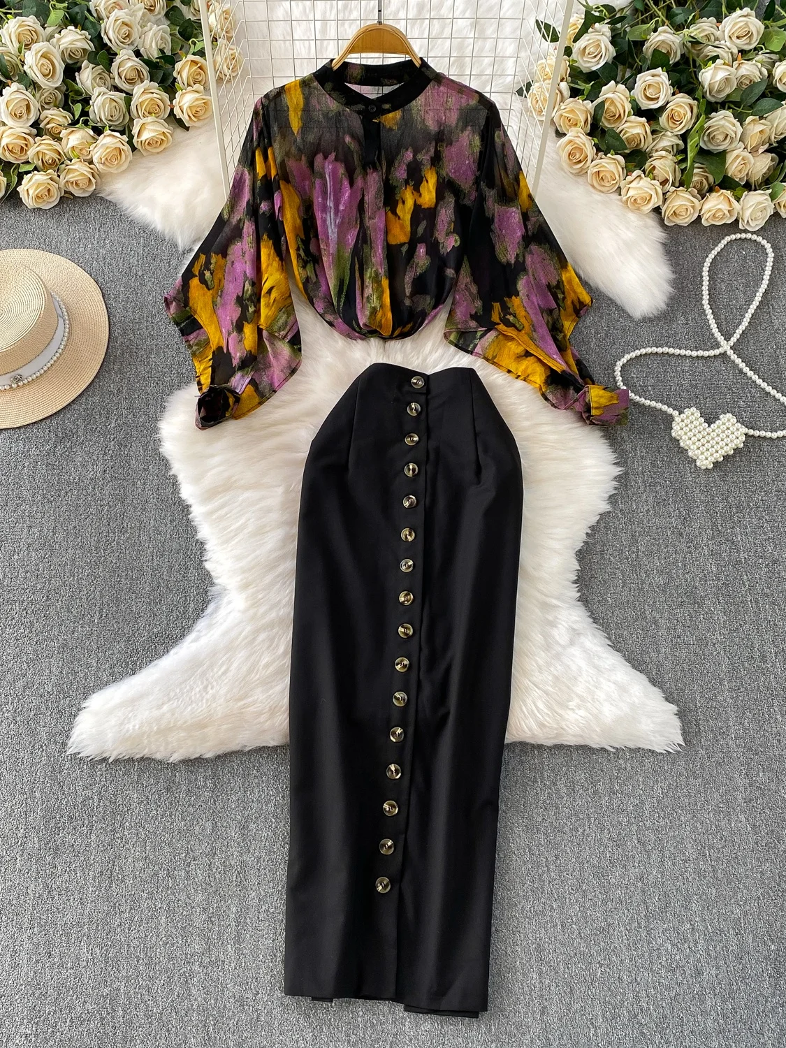 

Ele Long Sve Комплект из irt и юбки с принтом на пуговицах, облегающий женский осенний наряд с высокой талией и разрезом Ba