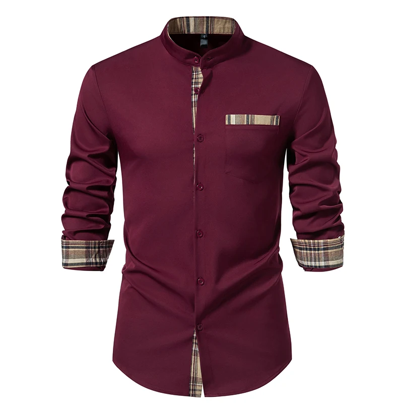 Autumn Fashion Men\'s Stand Collar Shirt American Style Color Block Long Sleeve Shirts Casual Business Office Dress Blouse Party