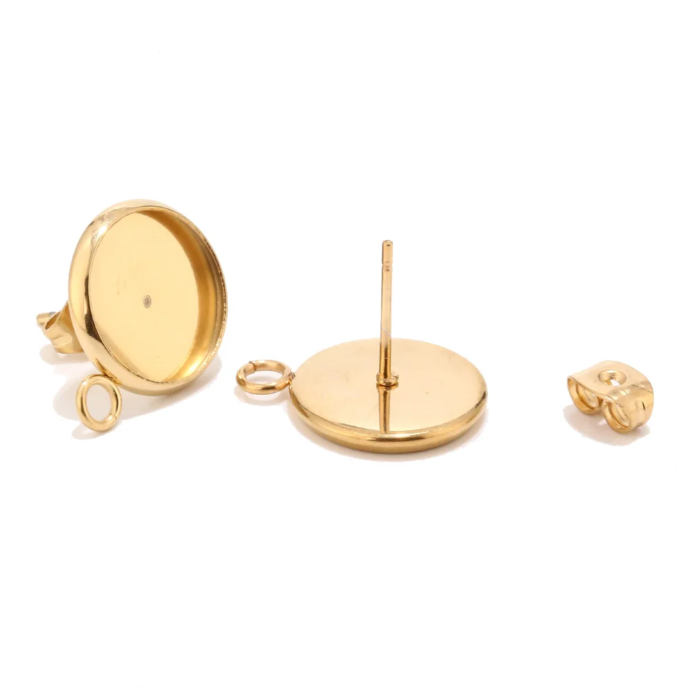 40pcs Gold Blank Earring Stud Settings With Loop Fit 12mm Stainless Steel Cabochon Base Bezel Tray Jewelry Making Findings