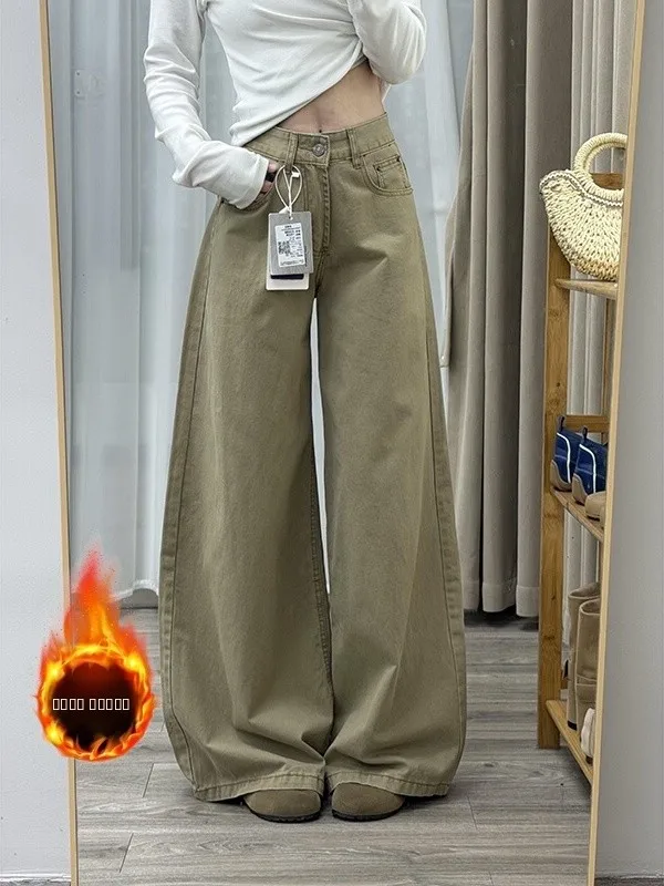 

Ретро-джинсы женские прямого кроя с высокой талией, свободные, на флисовой подкладке, цвет хаки, для осени и зимы