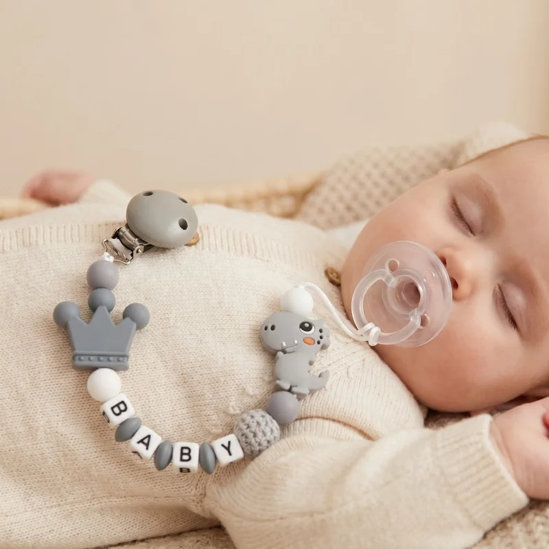 2026 Personalized Pacifier Clip Custom Name Silicone Beads Baby Teether Chain Holder Crown Soother Clips BPA Free Shower Gift