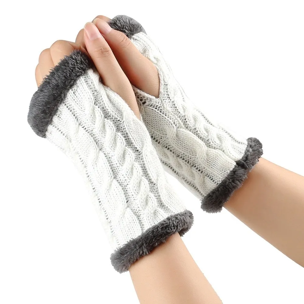 Fashion Fleece Lined Fingerless Gloves Knitted Crochet Soft Warm Knit Mittens Stretchy Winter Warm Gloves for Men Womens