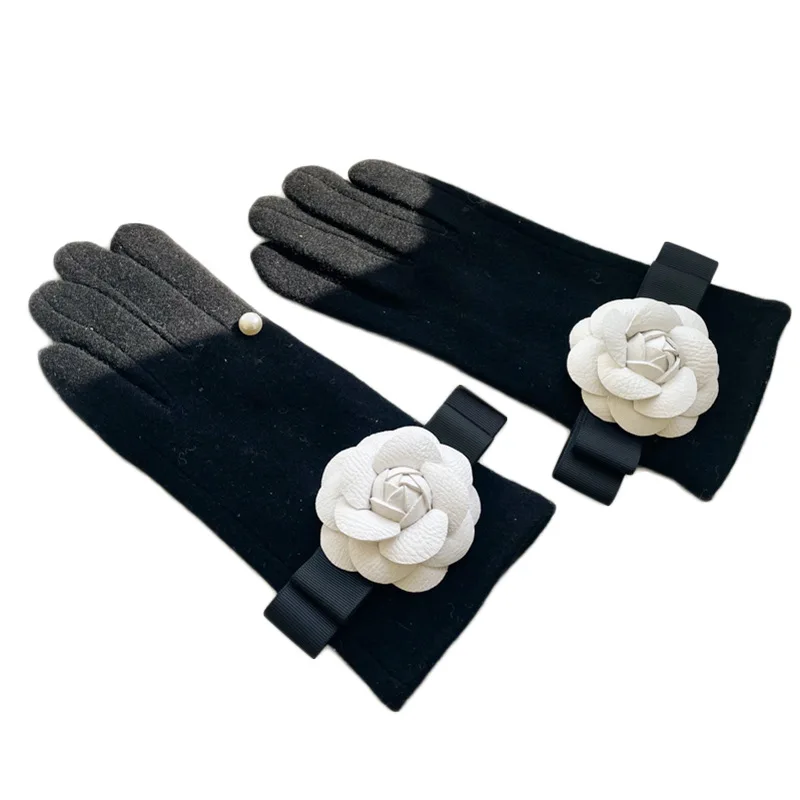 ​ قفازات مزيج الصوف بتصميم جديد لعام 2025 - نمط أنيق بدون أصابع من شريط الكاميليا، شاشة لمس شتوية دافئة، محبوكة فاخرة ​