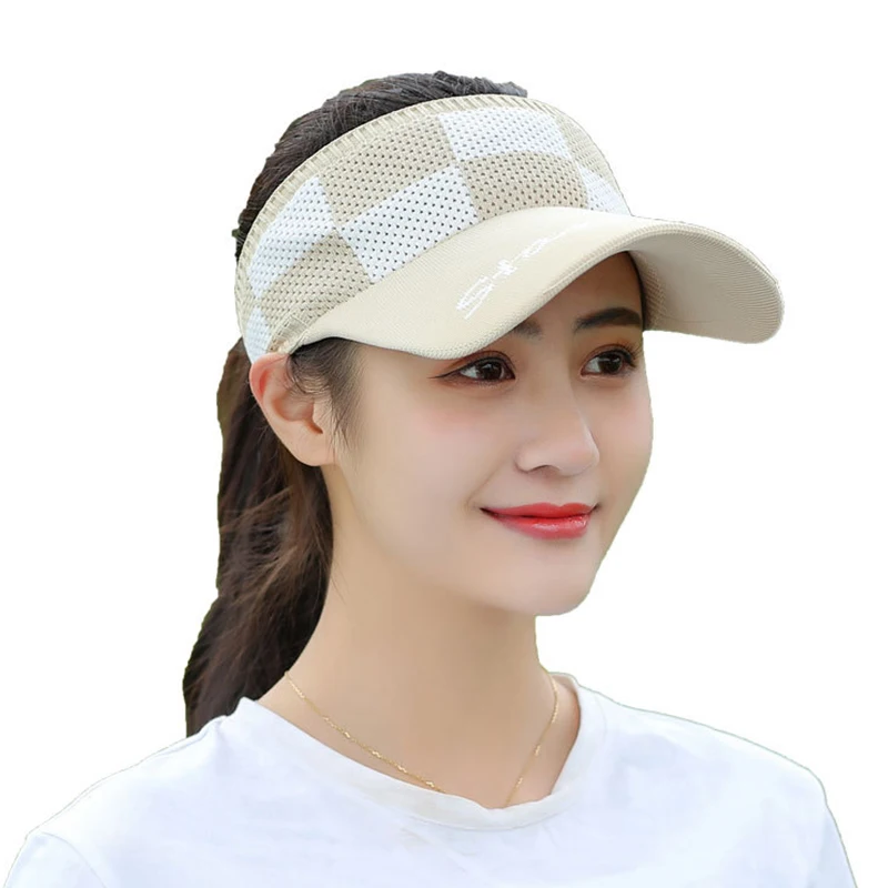 1PC Women\'s Cap Adjustable Visor Uv Protection Checkered Empty Top Hat Summer Sports Sun Hats Knitted Sunscreen Hat