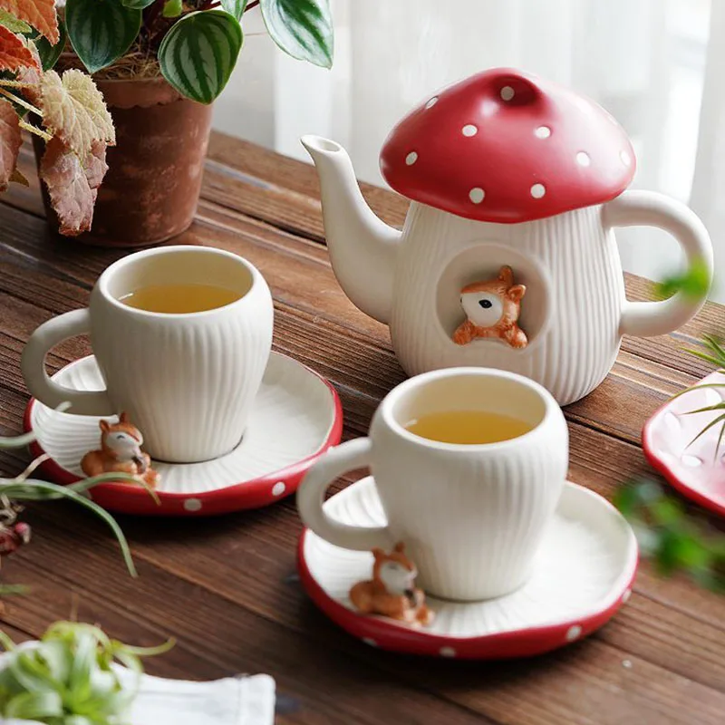 Red Mushroom Coffee Cup Saucer Exquisite Ceramic Afternoon Tea Set Simple Home Teapot Breakfast Milk Mug Cartoon Dessert Plate