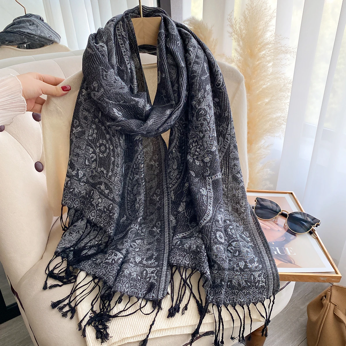 Neue Mode Damen Faux Kaschmir Winter Wrap Vintage Print Quasten Dicke Warme Pashmina Zweiseitiger Schal Outdoor Schals Foulard – Detail 15