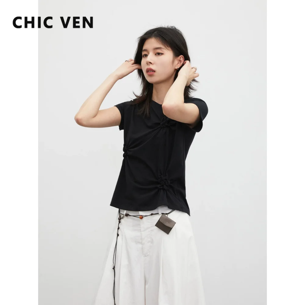 CHIC VEN Fashion Women T-Shirts Solid Three-dimensional Flower Pleated O Neck Short Sleeved Tees Slim Short Top Summer 2026