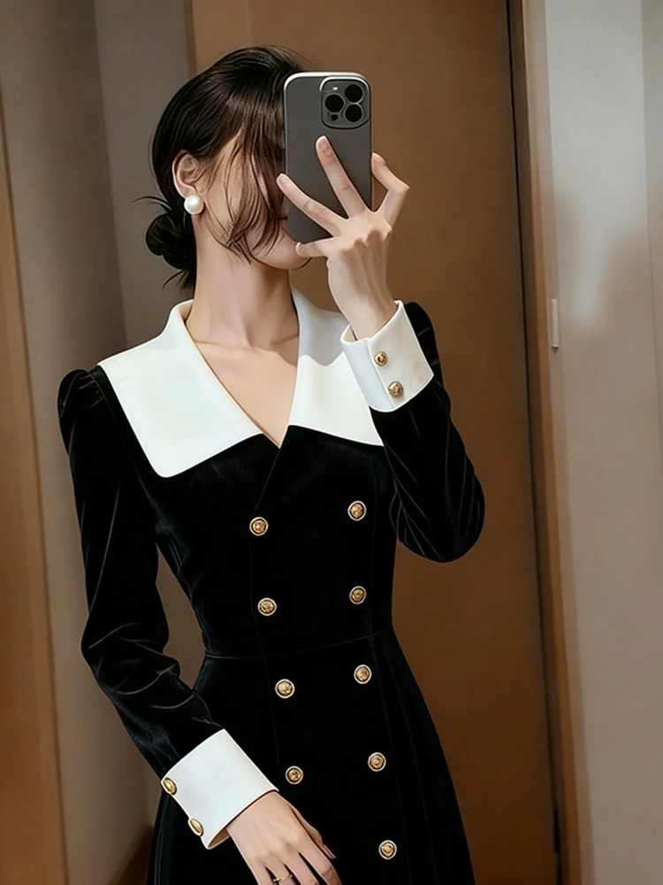 Hebe Sle Bla velours Dr printemps nouveauté jupe Ocn importante Hebe Wind Ele Sensation longue Sve a-ligne Dr