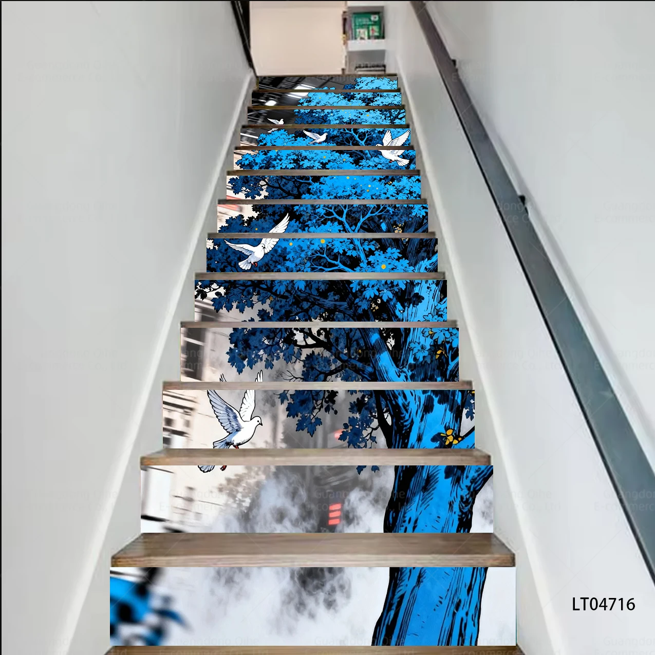 Blue Tree White Dove, Orchid Vine & Flower Exotic Bird Stair Decals - Waterproof Wear-Resistant Self-Adhesive