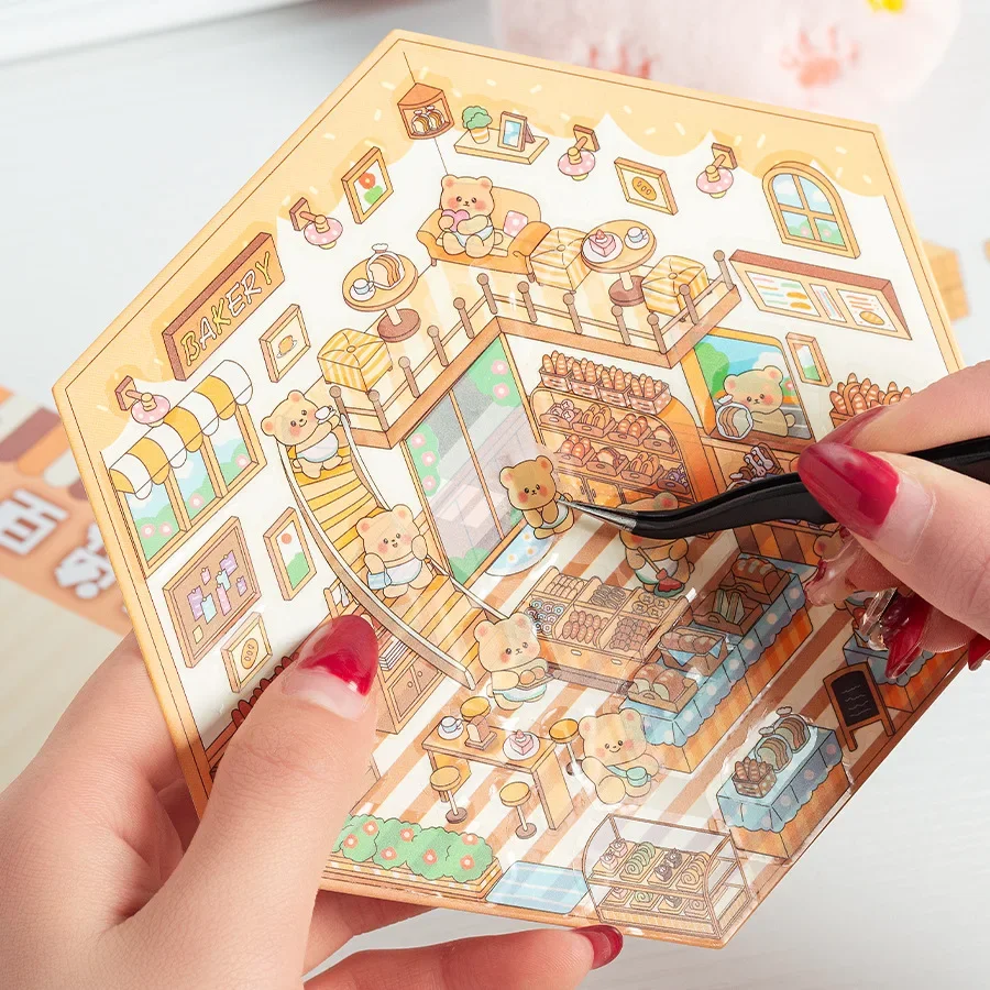 Creative 3D Scene Sticker Set, Animal Combination Life Scene Pattern DIY Design Hexagonal Scene Sticker