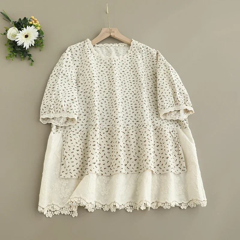 Summer New Japanese Vintage Mori Girl Floral Print Lace Embroidery Cotton Shirts Women O-Neck Short Sleeve Fake Two Pieces Tops