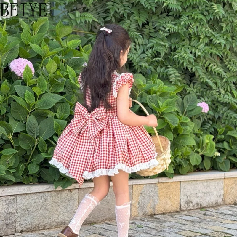 Birthday Cute Red Plaid Dress Baby Girls Tutu Summer Original Design Sweet Dress Children Retro Daily Style Lolita Dress