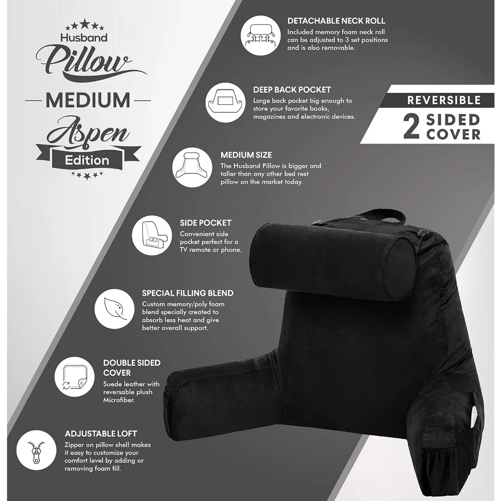 وسادة سوداء مستقرة متوسطة الحجم ومريحة للغاية مع أذرع لقراءة الجلوس ومسند السرير، لفة رقبة قابلة للفصل لـ Premium S