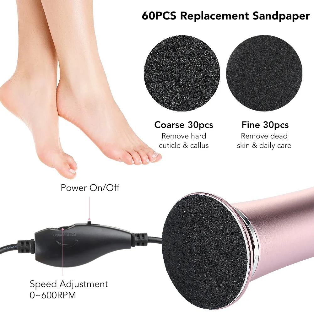 Electric Foot Callus Remover Foot Care File Leg Heels Remove Dead Skin Pedicure Tool Set Electronic Foot Grinder 60pcs Sandpaper