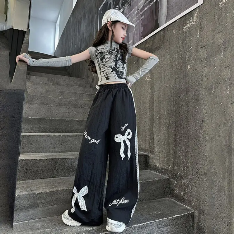 Girls Print Bow Pants Big Children Spring Fashion Lace Tousers Kids Loose Casual Pants Autumn Teenager Wide Leg Tousers 5-14Y