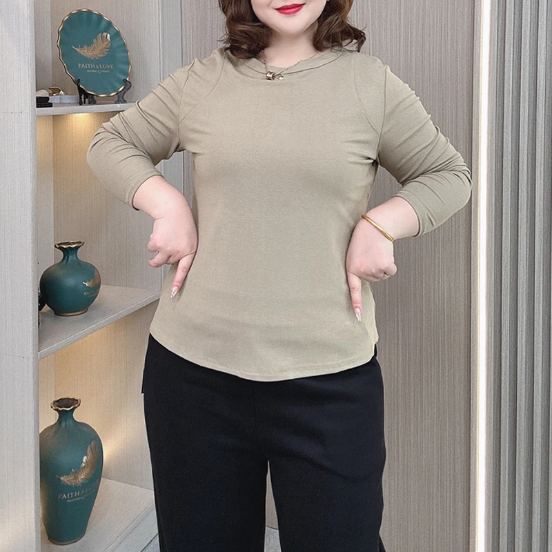 2024 Herfst O-hals Basic Shirt Met Lange Mouwen Vrouwen Plus Size Los Ontwerp Versieren Hals Tees Casual Mode Binnenkant Top 692