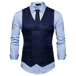 Fashion Mens Double Breasted Blazer Casual Vest Sleeveless Suit Vest Male Plus Size Waistcoat Men Navy Blue Top for Men Slim Fit