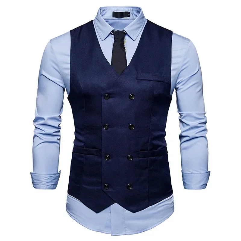 Fashion Mens Double Breasted Blazer Casual Vest Sleeveless Suit Vest Male Plus Size Waistcoat Men Navy Blue Top for Men Slim Fit