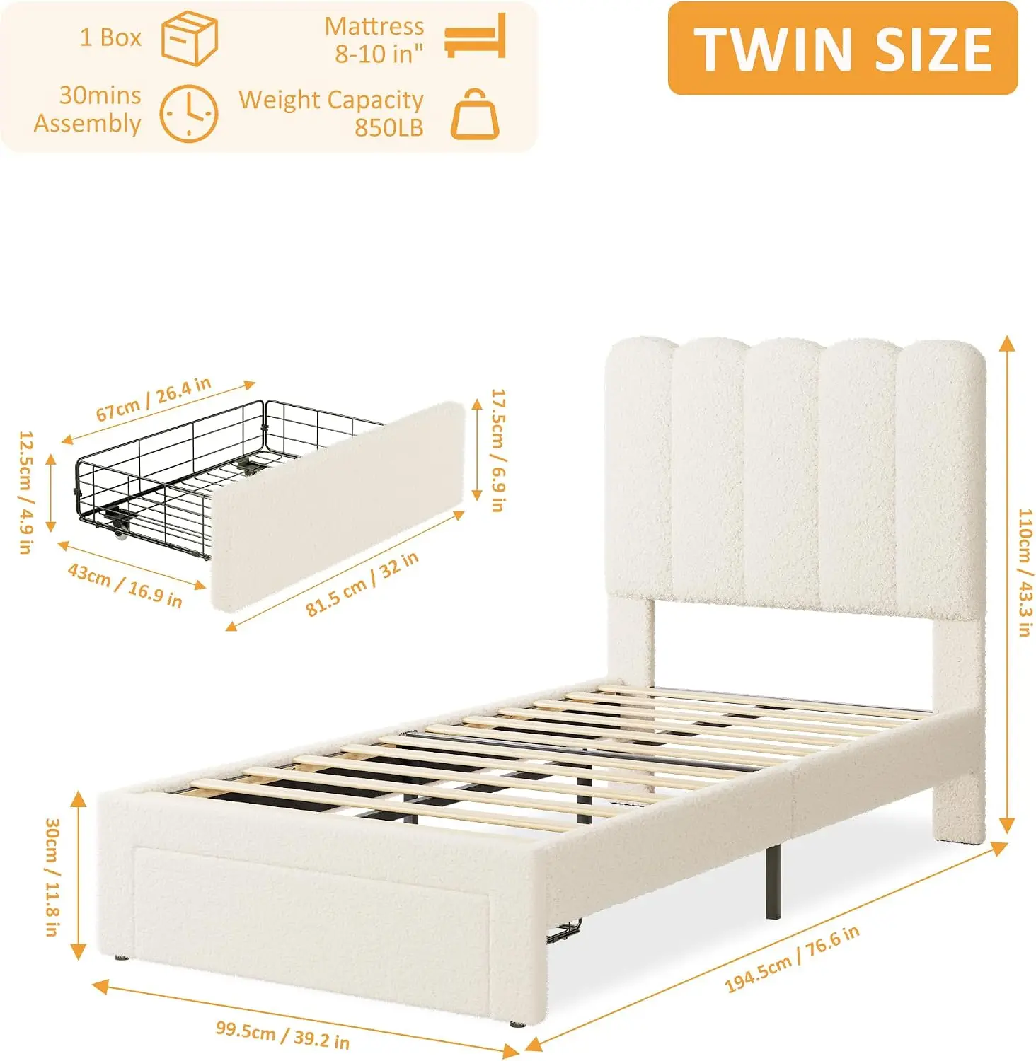 Upholstered Boucle Beige Twin Bed Headboard Drawer Kids Platform Bed Frame Wooden Slats Support No Box Spring Easy Assembly