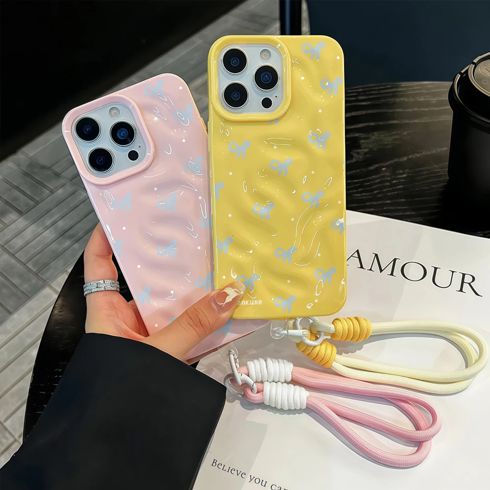Funda para Teléfono iPhone 15 16 17 14 13 Pro Max 16 15 14 Plus 17 Air Pro, Diseño de Lazo Azul con Puntos, con Cordón, Antigolpes, TPU Suave