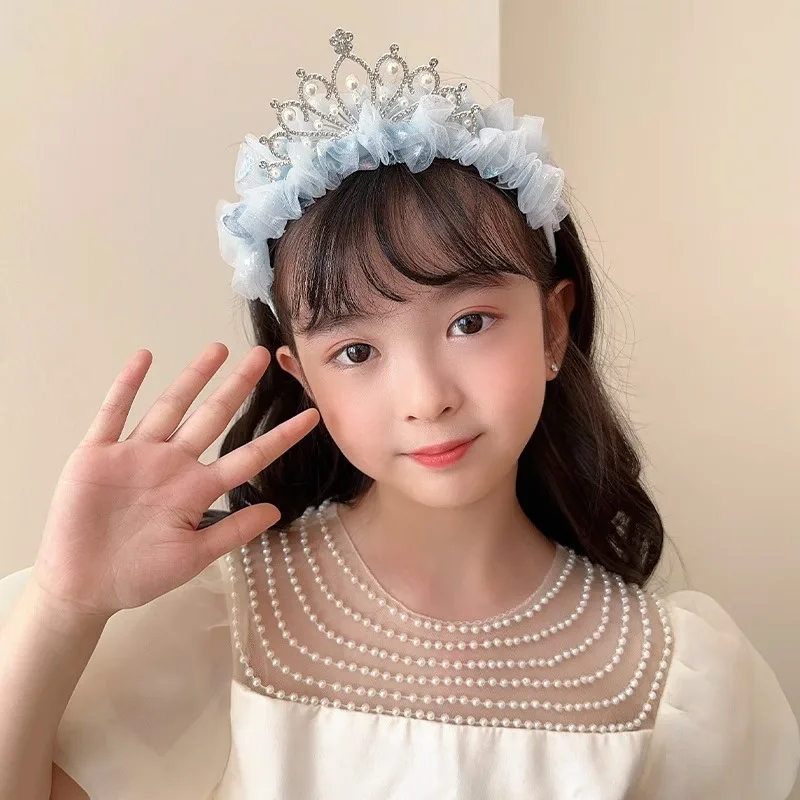 Princess temperament, crown headpiece, little girl's mesh, bow, pearl headband, pleated lace, embroidered headband, hairpin image 2