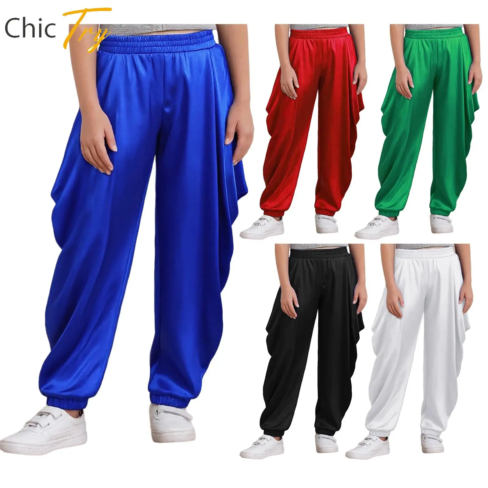 

Halloween Prince Cosplay Theme Party Costume for Boys Satin Dhoti Pants Elastic Waistband Loose Baggy Trousers Bottoms Dancewear