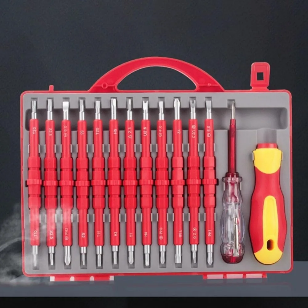 PENGGONG 9714B 500V مجموعة مفك براغي معزول 12 قطعة أداة مفك براغي معزولة مزدوجة الأطراف مع مقبض غير قابل للانزلاق الكل في واحد #4