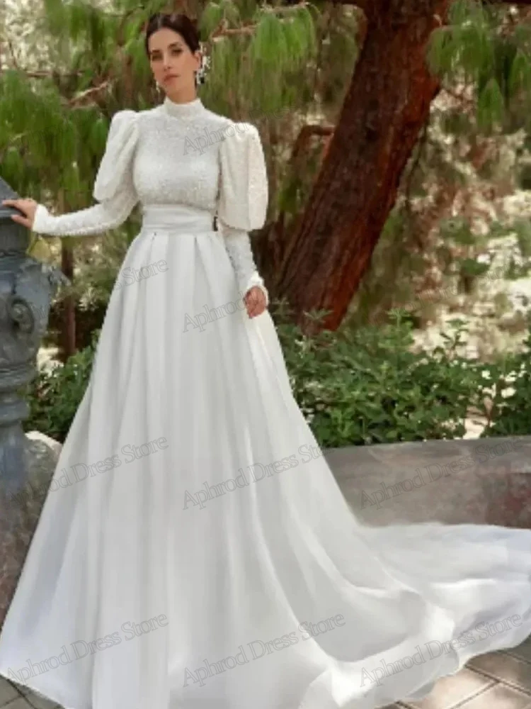 Vestidos De Novia modestos De satén para mujer, Apliques De encaje elegantes con Vestidos De Novia, mangas largas abullonadas, línea A, 2024