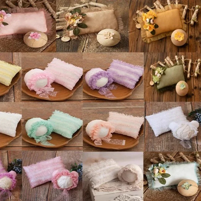Newborn Photography Props Baby Accessories for Photo Shoot Lace Hats Bonnet with Florals Ruffles Posing Pillow Poser 2pcs Set