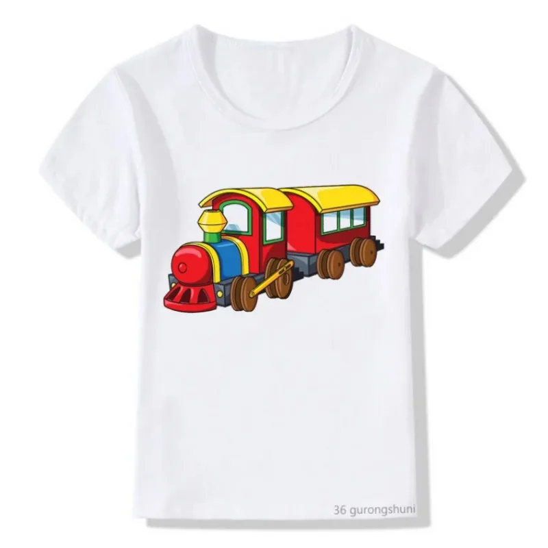 Divertido tren pequeño estampado de dibujos animados para niños ropa de cumpleaños verano Casual niño ropa camiseta blanca Tops