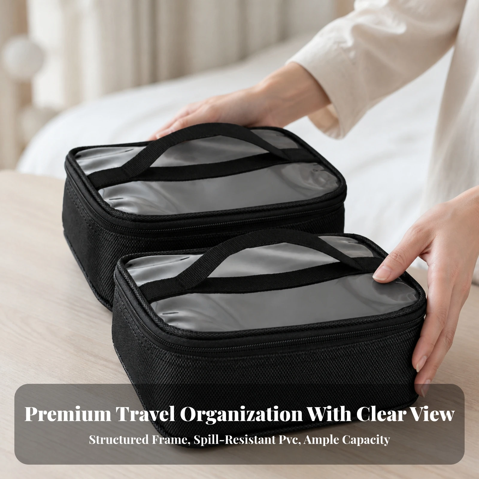 2 Pieces Cosmetic Bag with Transparent Top Waterproof Makeup Organizer with Handle Travel Makeup Case Lightweight for Travelers