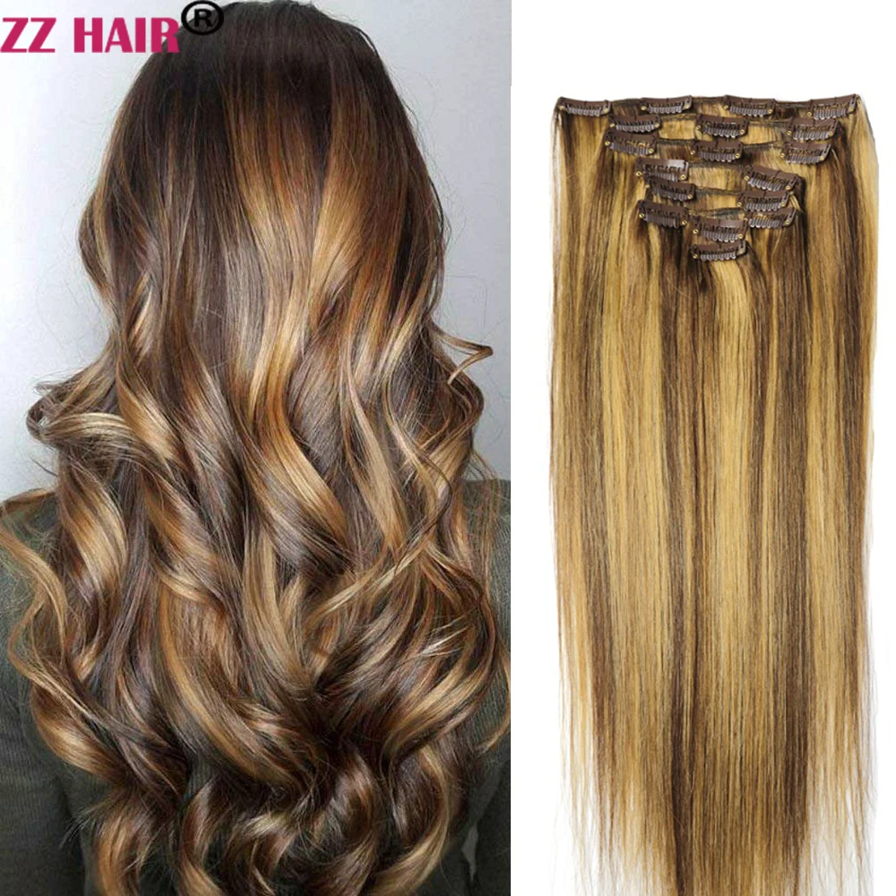 ZZHAIR 100% وصلات شعر ريمي بشري برازيلي 16 "-24" 8 قطعة مجموعة 120 جرام-140 جرام مقاطع في كامل الرأس مستقيم طبيعي