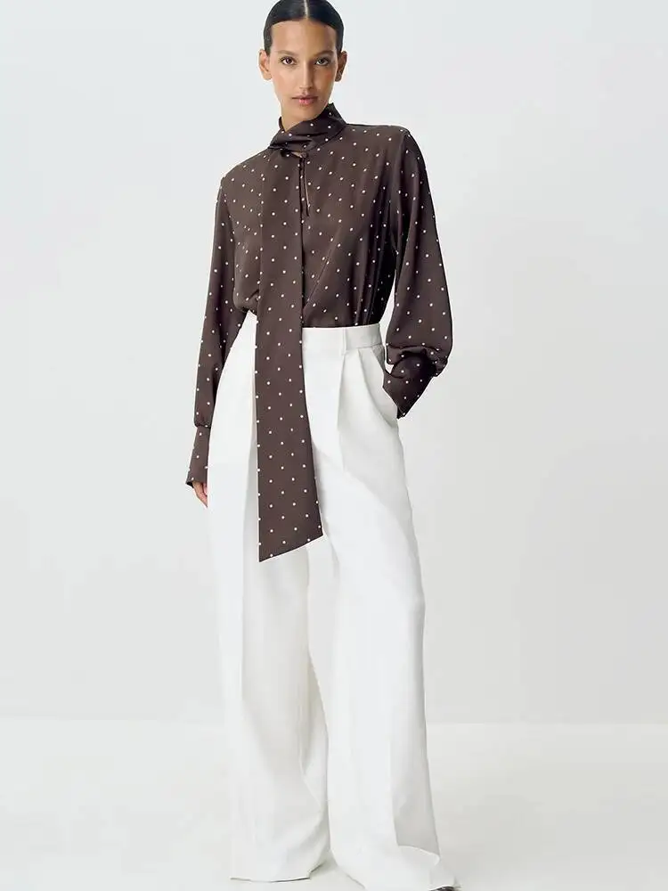 Fantoye Satin Print Polka Dots Bow Women Blouses White Long Sleeve Single Breasted T-Shirt Female Autumn Slim Casual Streetwear