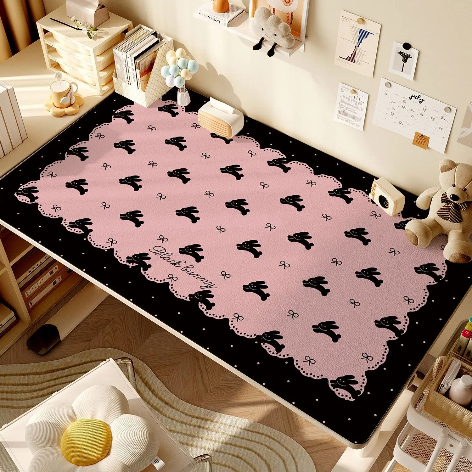 Leather Desk Pad Protector Polka Dots Rabbit Y2K Bunny Bow Mouse Pad Office Desk Mat Waterproof Oilproof PU Desk Keyboard Pad