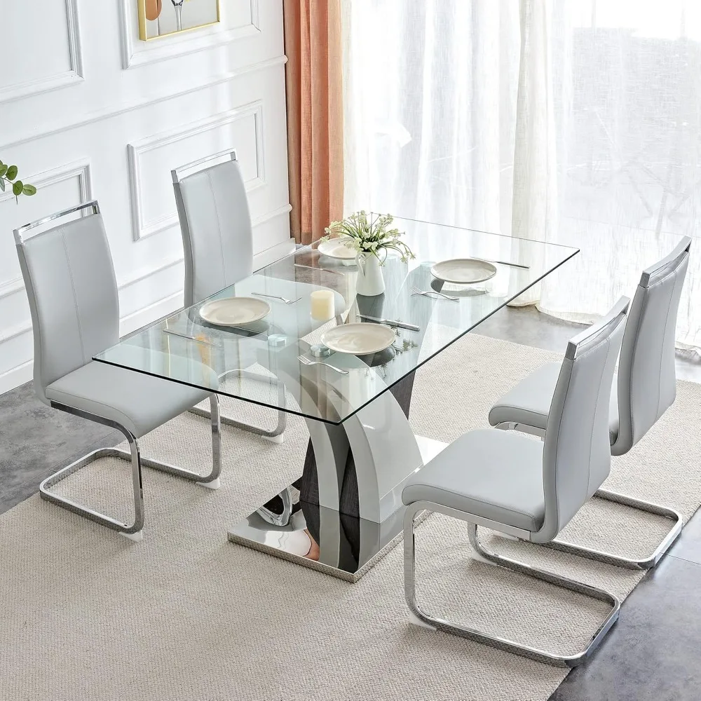 Mesa de comedor de cristal con 4 sillas de cuero, muebles de sala de estar, encimeras de vidrio templado, 63"