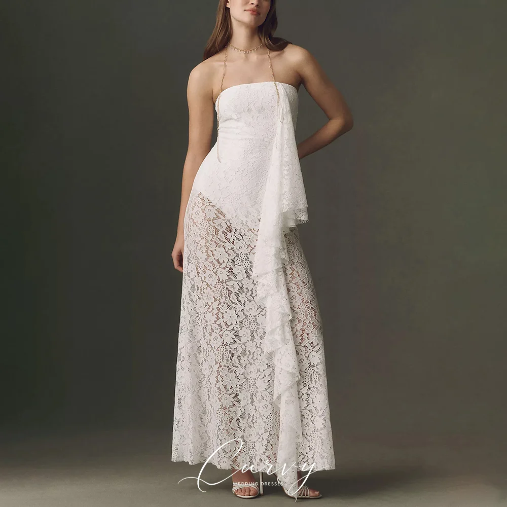Curvy Strapless Floral Lace Wedding Dresses for Women Asymmetrical Ruffle Sheer Maxi Dress Bridal Gown 2026 Свадебное платье