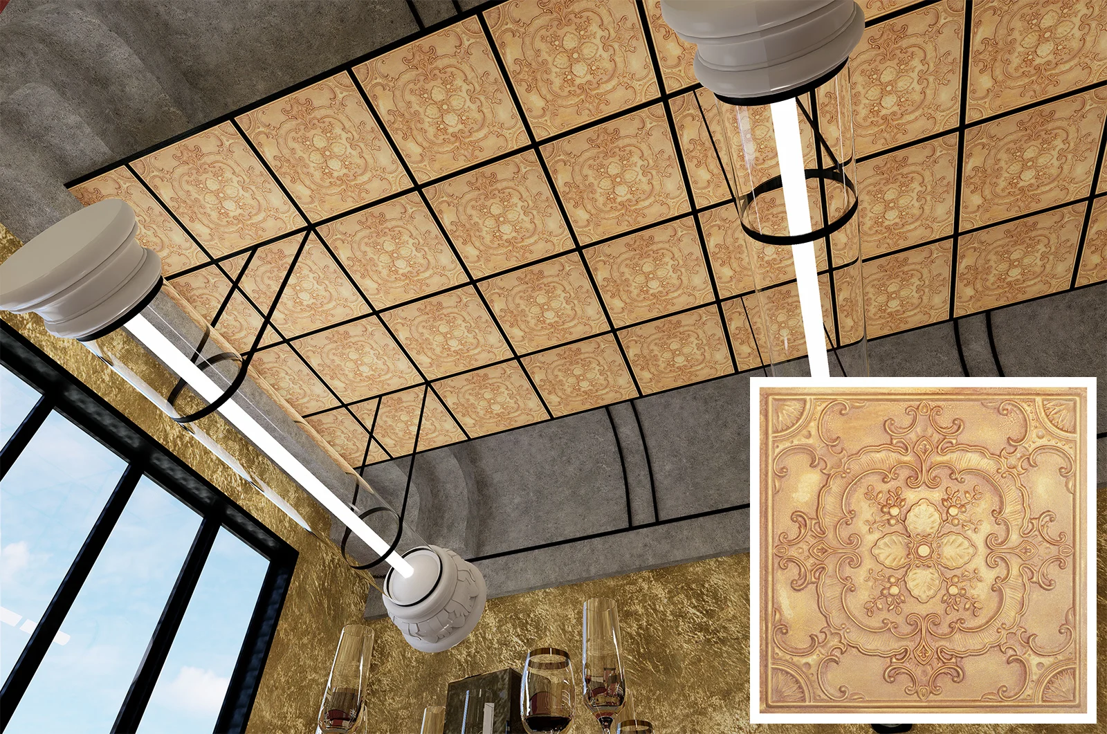 Embellished Ceiling Tiles Faux Tin Painting Panel PVC Stereo Wall Panels PL19 Vintage brown gold 10pcs