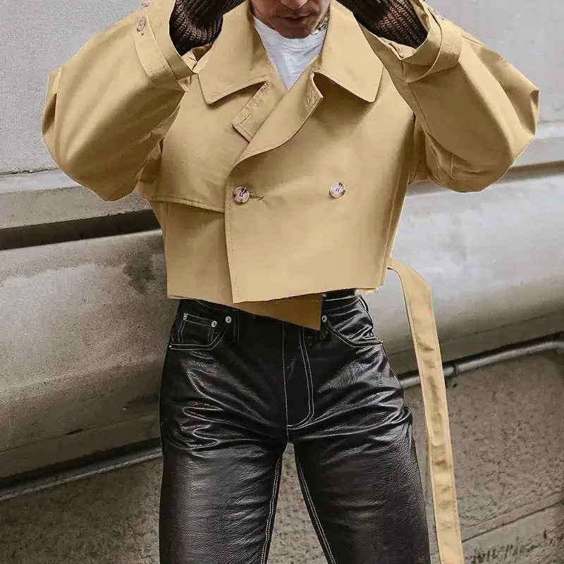 جاكيت رجالي بطية صدر أحادية اللون ، كم طويل ، فضفاض ، معاطف قصيرة للذكور ، كاجوال ، ريترو ، رائج ، ملابس الشارع مع حزام ، الموضة #3