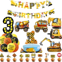 Construction Party Engineering Vehicle Dump Truck Foil Balloons Banner Cake Toppers Set Boys Birthday Party Decorations Supplies