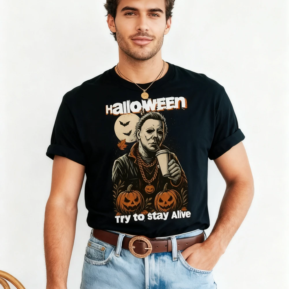Halloween essayez de rester vivant T-Shirt Michael Myers chemise rétro Halloween chemise classique personnages de film imprimé T-Shirt hommes T-Shirt