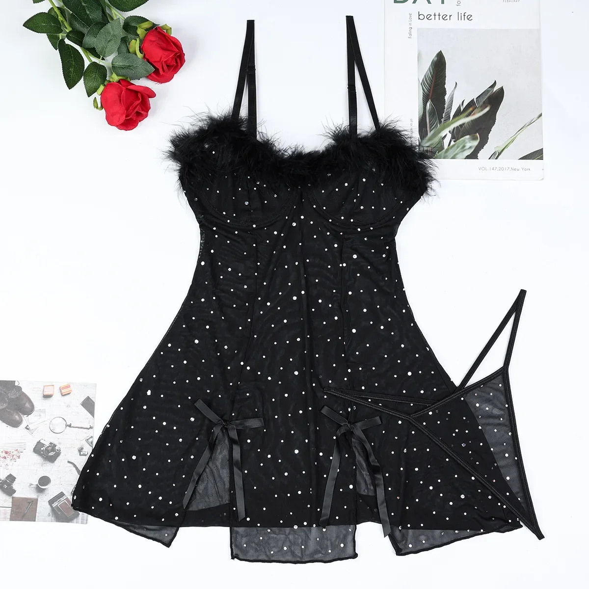 Sexy Black Hot Diamond Sparkling Crystal Feather Splicing Perspective Elastic Mesh Split Dress Two-piece Sexy Clothing SexyDress