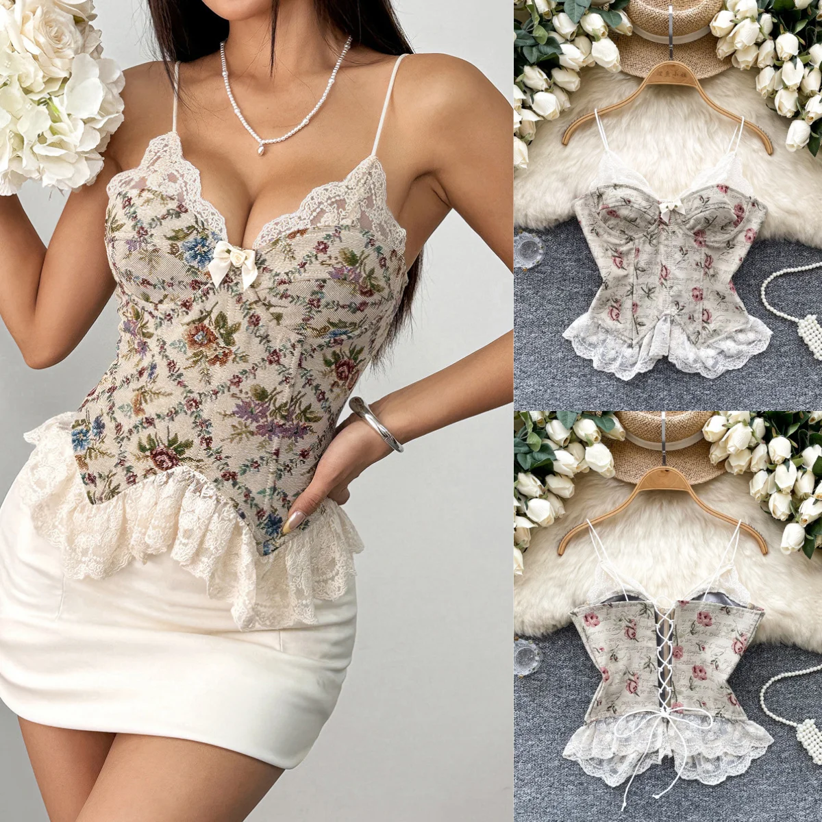 

Lotus Leaf Edge Corset Crop Tops Vintage Floral Sexy Sling Vest Lace Sleeveless Fishbone Cami Women Slim Bandage Shaper Tank Top