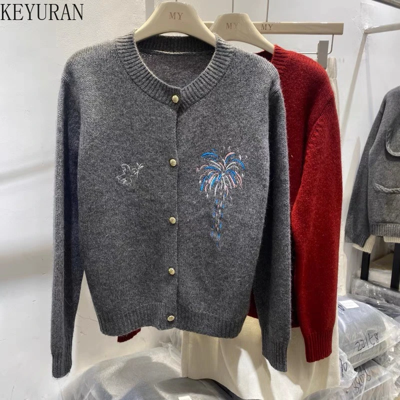 Fireworks Embroidery Sweater Women's 2025 Spring New Korean Fashion O-neck Long Sleeve Casual Versatile Knitted Cardigan Tops