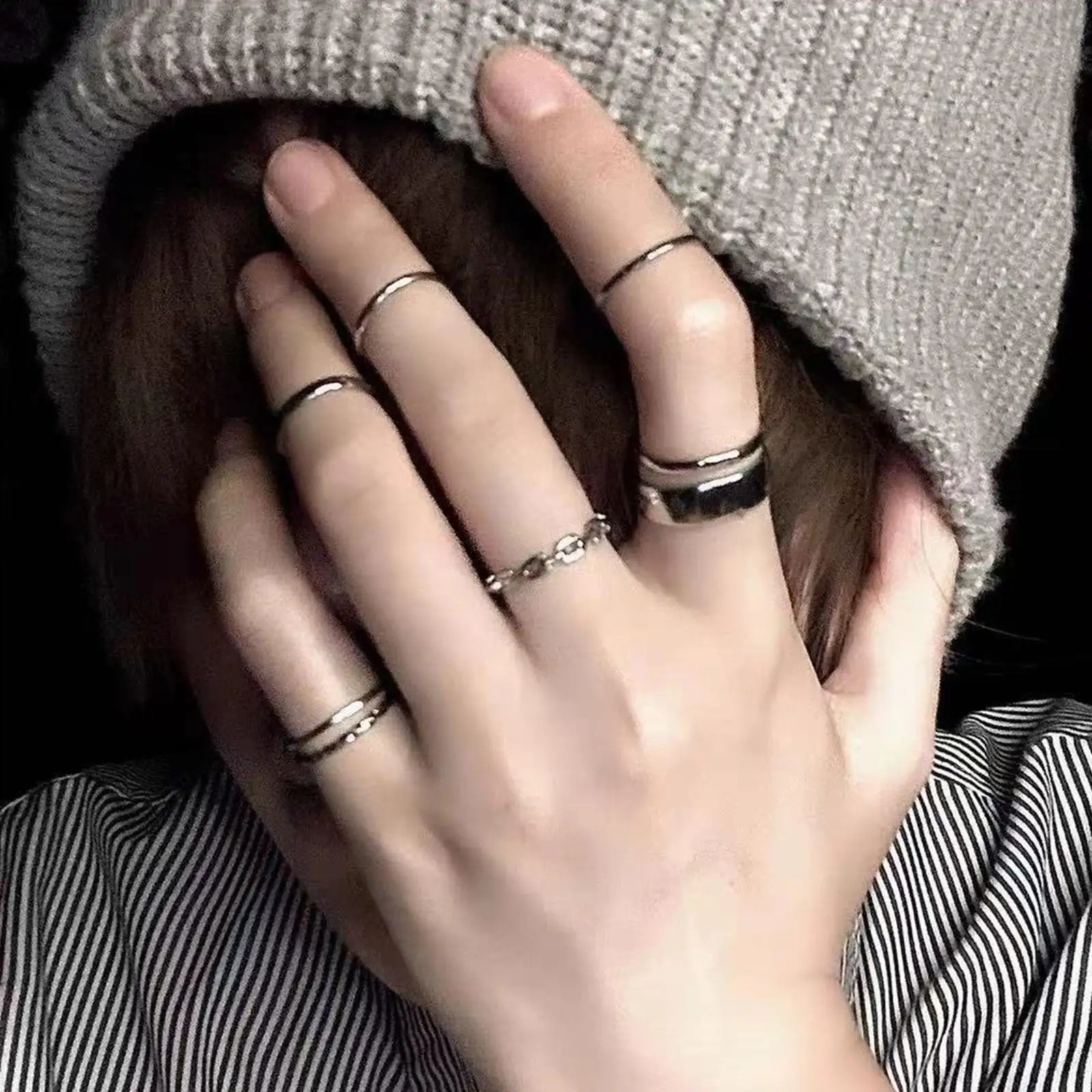 7PCS/SET Korea Fashion Mixed Minimalist Set Geometric Round Metal Gold Silver Color Cuff Open Rings Jewelry For Women